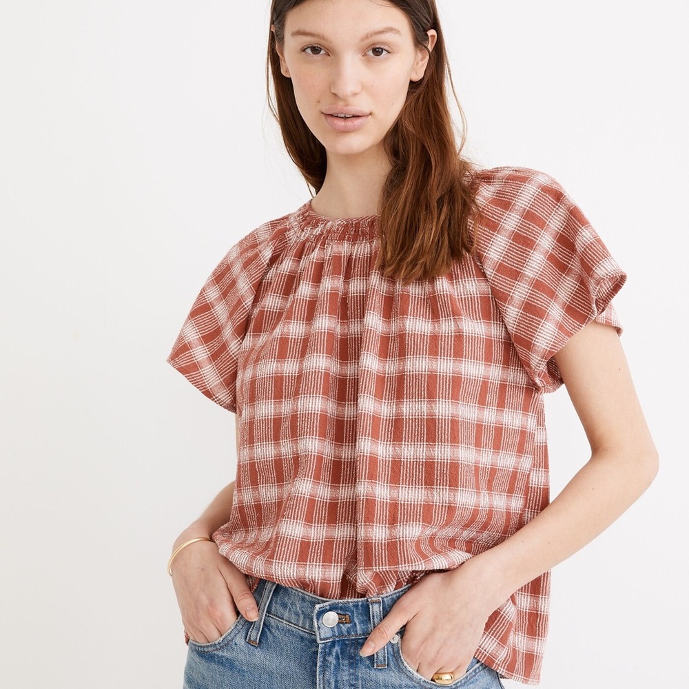 Madewell Red and White Blouse with Gingham Pattern